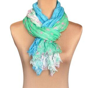 NWOT BLUE PACIFIC Silk Linen Scarf Vintage Washed Crinkled Tri-Fold Blue Green
